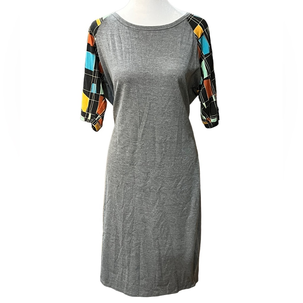 LuLaRoe Gray Knit Julia T-Shirt Dress With Argyle Sleeves